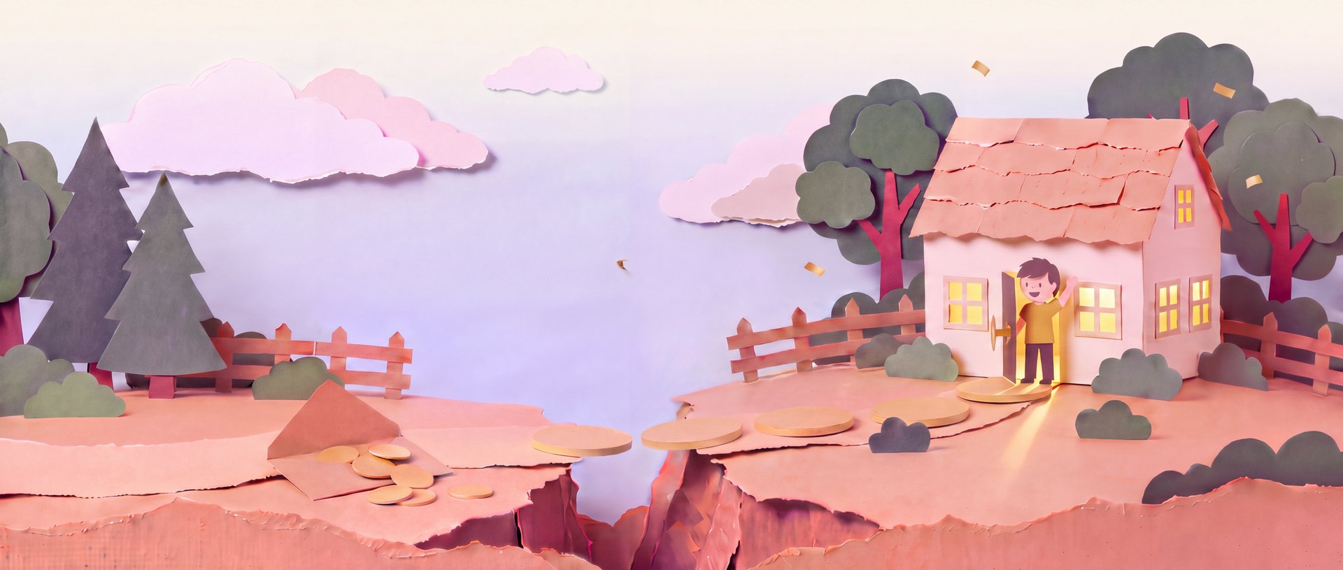 The finished story scene: the door open, the lights on, the coins crossing the gap