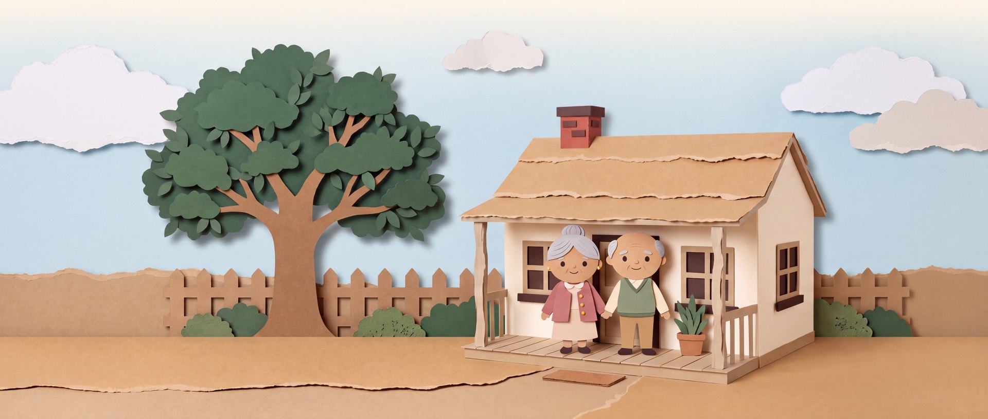 Cut-paper scene: an older couple on the porch of their paid-off cottage